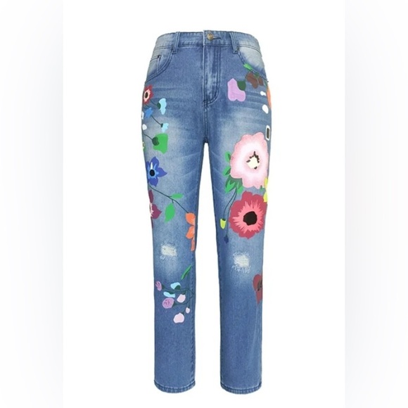 MISSLOOK SZ 5XL (US 16 equivalent) Painted Floral Straight Leg High Rise Jeans - Picture 1 of 12